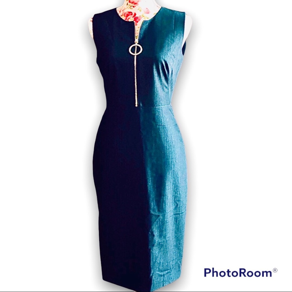 Calvin Klein Denim Panel Zippered Dress Sz 8